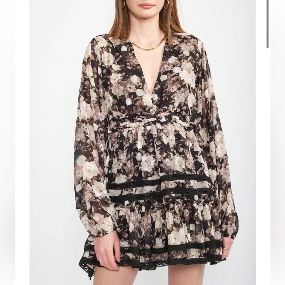 En Saison Babydoll Dress Rena Floral Print Boho Long sleeves Mini Chiffon 1X